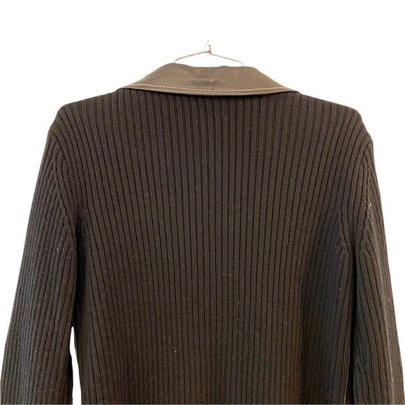 White + Warren Womens Knitted Blazer Jacket Black Lambskin Leather Button Small - Picture 6 of 7